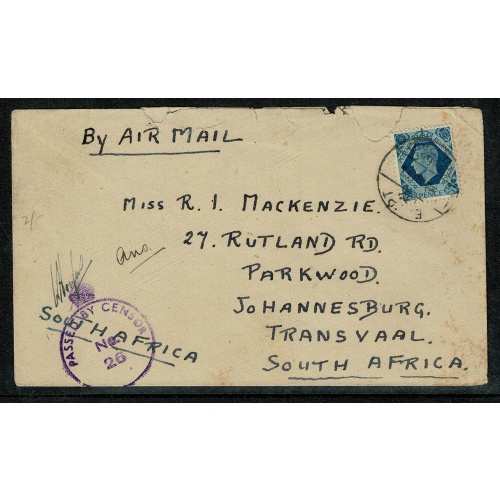 10d turquoise blue SG 474 on airmail to South Africa. Military Censor mark.