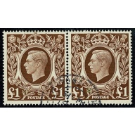 1948 £1 brown "Arms" high value. Fine Used pair SG 478c