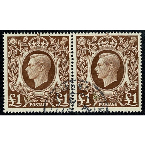 1948 £1 brown "Arms" high value. Fine Used pair SG 478c