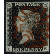 1d black "CE" Plate 5. Cancelled by neat virtually complete red Maltese cross. 4 good margins.