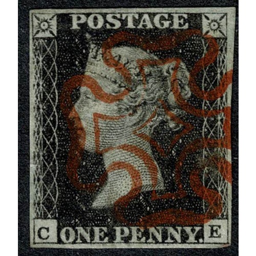 1d black "CE" Plate 5. Cancelled by neat virtually complete red Maltese cross. 4 good margins.