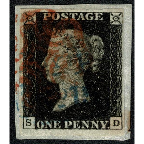 1d black "SD" Plate 8. On small piece. Cancelled by red Maltese cross and "P y P" (Handsworth) in blue. 4 good to large margins.