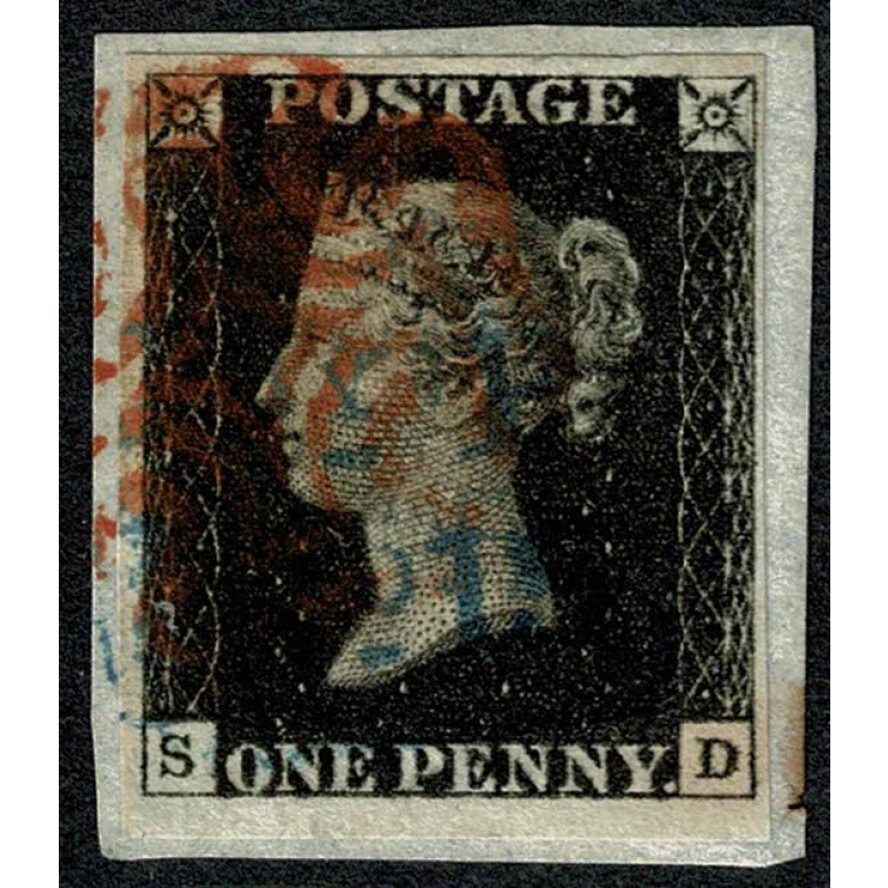 1d black "SD" Plate 8. On small piece. Cancelled by red Maltese cross and "P y P" (Handsworth) in blue. 4 good to large margins.
