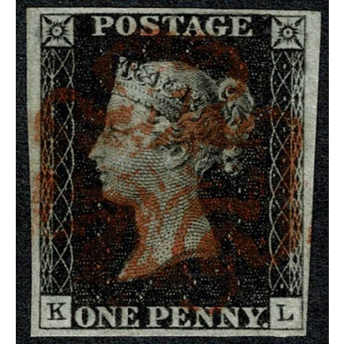 1d black "KL" Plate 1b. Cancelled by red Maltese cross. 4 good to large margins.