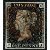 1d black "OJ" Plate 6. Cancelled by red Maltese cross. 4 large even margins.