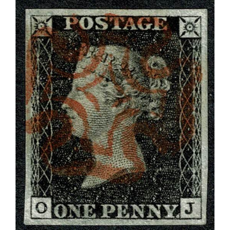 1d black "OJ" Plate 6. Cancelled by red Maltese cross. 4 large even margins.