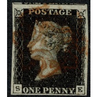 1d black "SE" Plate 5. Cancelled by red Maltese cross. 4 good to very large (top) margins.
