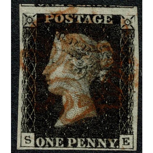 1d black "SE" Plate 5. Cancelled by red Maltese cross. 4 good to very large (top) margins.