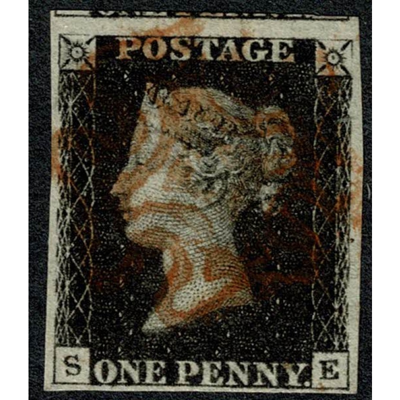 1d black "SE" Plate 5. Cancelled by red Maltese cross. 4 good to very large (top) margins.