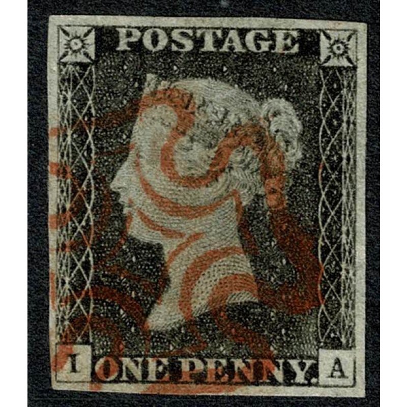 1d black "IA" Plate 2. Cancelled by neat virtually complete red Maltese cross. 4 good margins.