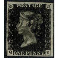 1d black "QE" Plate 10. Cancelled by black Maltese cross. 4 clear (lower) to large margins.