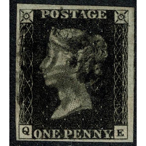 1d black "QE" Plate 10. Cancelled by black Maltese cross. 4 clear (lower) to large margins.