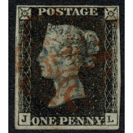 1d black "JL" Plate 7. Cancelled by red Maltese cross and "P y P" (Handsworth) in blue. 4 good margins.