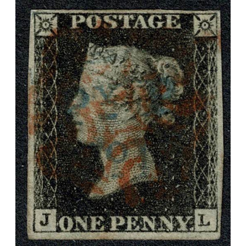 1d black "JL" Plate 7. Cancelled by red Maltese cross and "P y P" (Handsworth) in blue. 4 good margins.