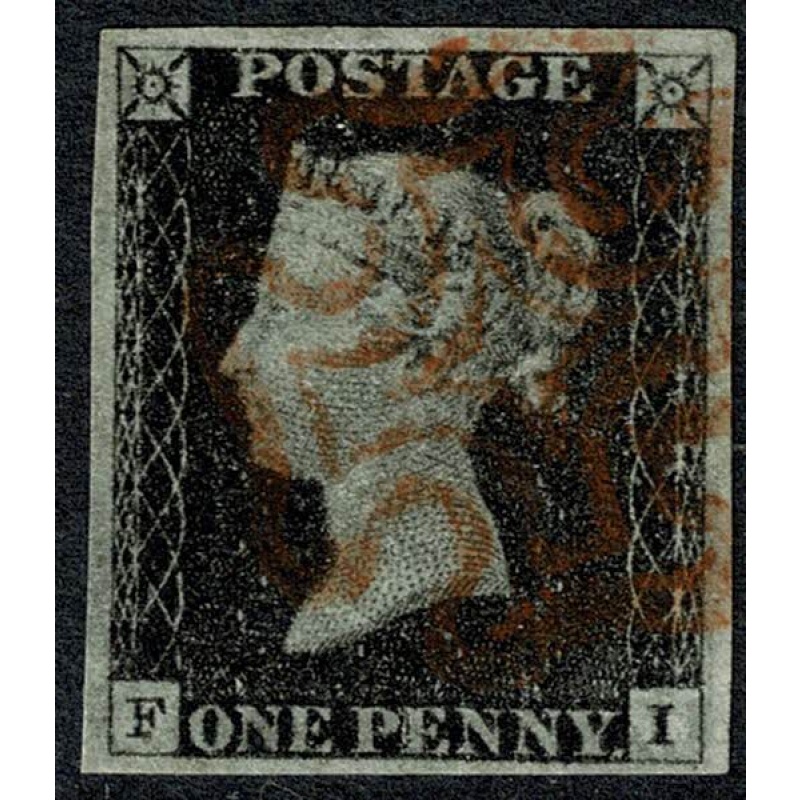 1d black "FI" Plate 2. Cancelled by red Maltese cross. 4 good to large margins.