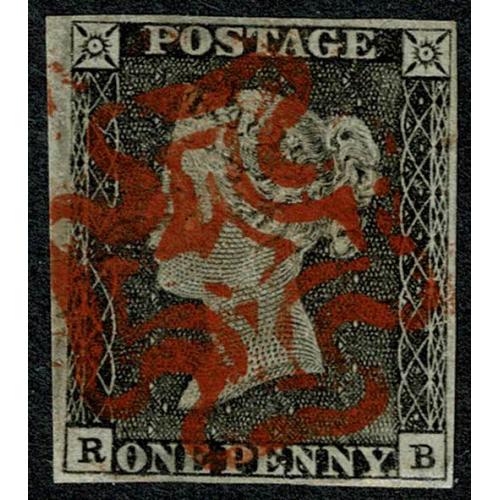 1d grey black.(worn plate) Plate 1a "RB". Cancelled by complete red Maltese Cross.