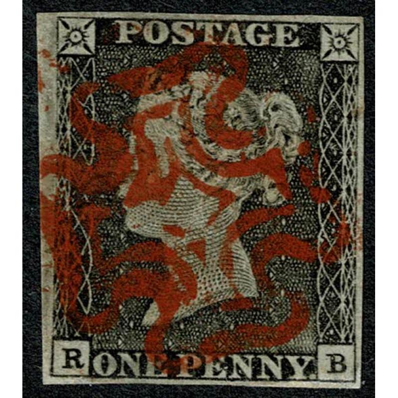 1d grey black.(worn plate) Plate 1a "RB". Cancelled by complete red Maltese Cross.