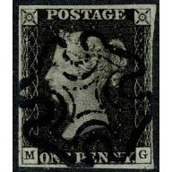 1d Black "MG" Plate 8. Fine used. Complete Black Maltese cross cancellation.