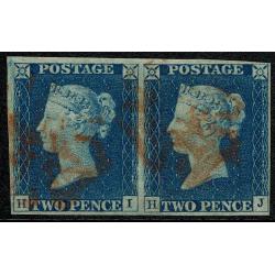 1840 2d Blue "HI/HJ" Plate 1. Fine used pair with red Maltese cross cancel.
