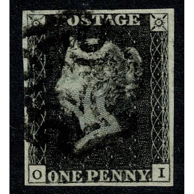 1d Black "OI" Plate 10. Very fine four margins. Black Maltese cross.