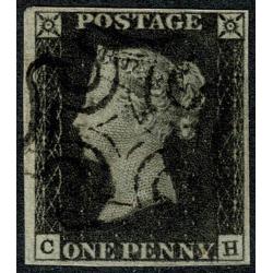 1d Black "CH" Plate 2. Four margins, Black Maltese cross cancellation.