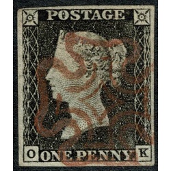 1d Black "OK" Plate 1a. Pinkish Maltese cross cancellation.