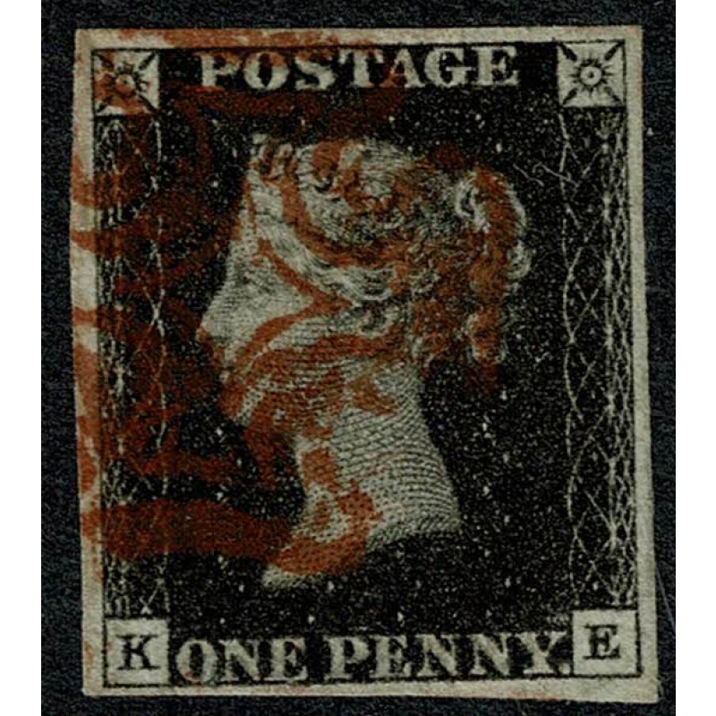 1d intense Black. Plate 8 "KE". Four margins cancelled by red Maltese Cross