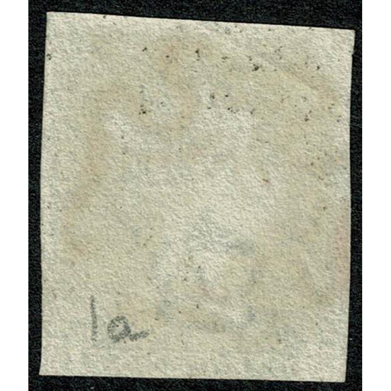 1d Black. Plate 1a "OB". Four margins cancelled by bright red Maltese Cross