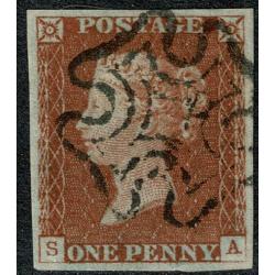 1d red "SA" Plate 21. Fine used four large margins.