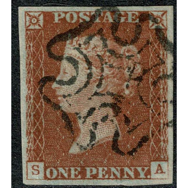 1d red "SA" Plate 21. Fine used four large margins.