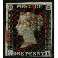 1d Black. Plate 1a "OB". Four margins cancelled by bright red Maltese Cross
