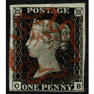 1d Black. Plate 1a "OB". Four margins cancelled by bright red Maltese Cross