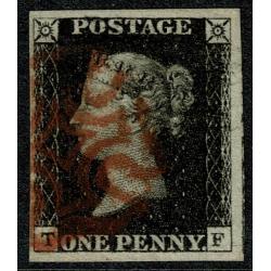 1d Black "TF" Plate 6. Four good to large margins. Red Maltese cross cancellation.