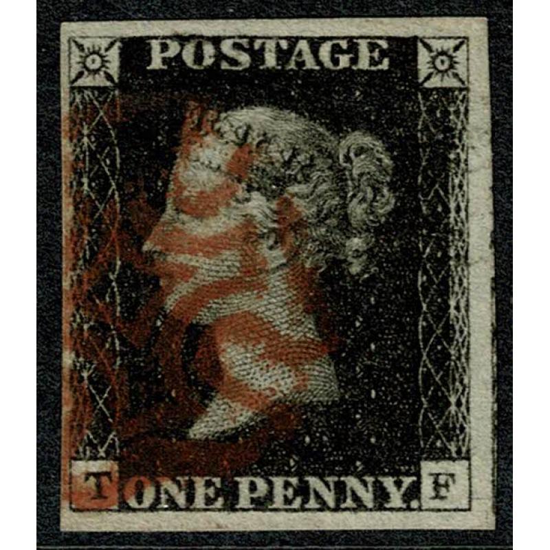 1d Black "TF" Plate 6. Four good to large margins. Red Maltese cross cancellation.