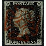 1d Black. Plate 1b "JG". Four margins cancelled by complete red Maltese Cross