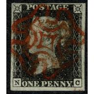 1d Black. Plate 1b "NC". Four margins cancelled by complete red Maltese Cross.