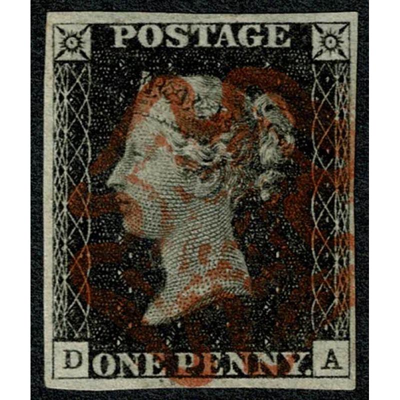 1d Black. Plate 1b "DA". Four margins cancelled by red Maltese Cross