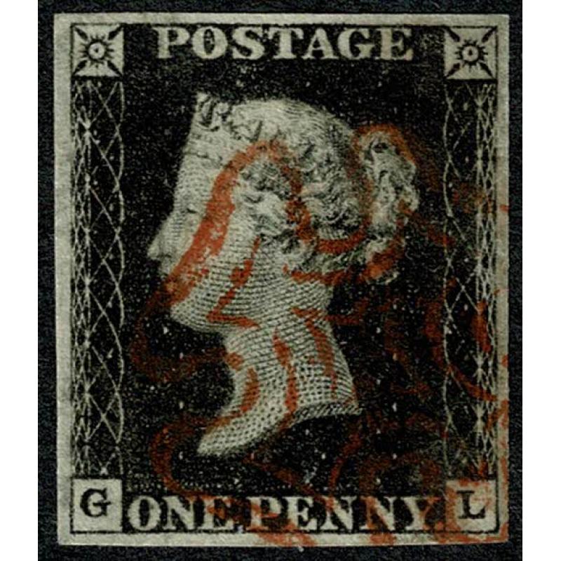 1d Black. Plate 4 "GL". Four margins cancelled by neat red Maltese Cross.