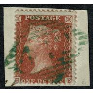 1d red brown "HE". Fine used on piece scarce BRIGHT GREEN 1844 type IRISH CANCEL. SG 29. Spec. C8ud.