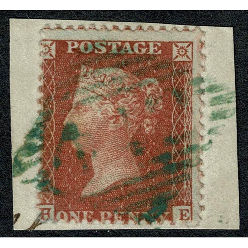 1d red brown "HE". Fine used on piece scarce BRIGHT GREEN 1844 type IRISH CANCEL. SG 29. Spec. C8ud.