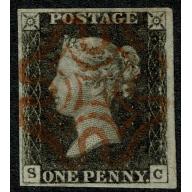 1d Black. Plate 5 "SC". Four good margins cancelled by red Maltese Cross