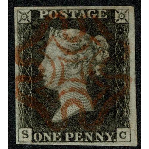 1d Black. Plate 5 "SC". Four good margins cancelled by red Maltese Cross
