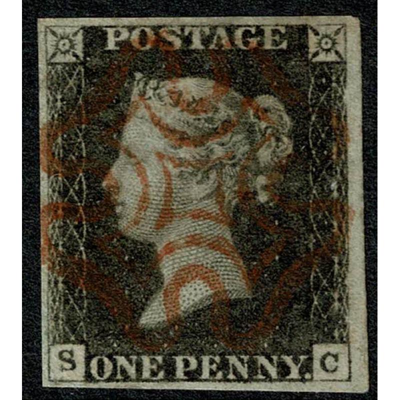 1d Black. Plate 5 "SC". Four good margins cancelled by red Maltese Cross