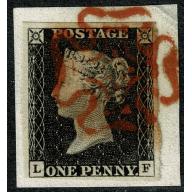 1d Black "LF" Plate 7. Fine four margins. Crisp red Maltese cross