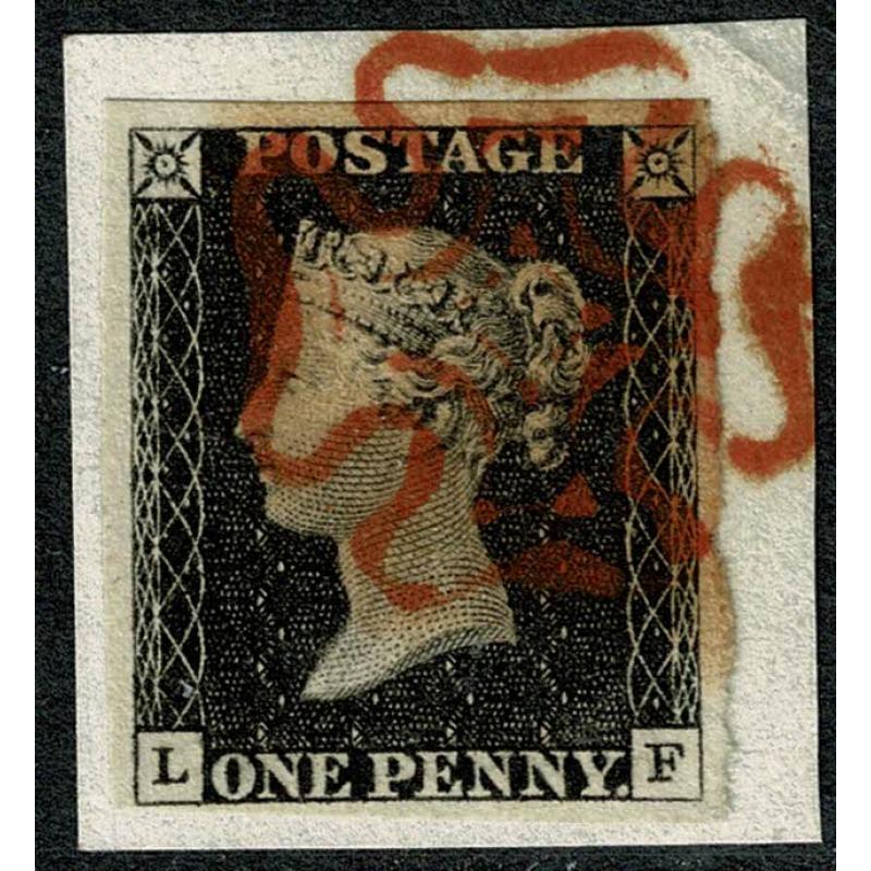 1d Black "LF" Plate 7. Fine four margins. Crisp red Maltese cross