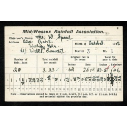 1942 Mid Wessesx Rainfall Association Record Card for 3rd November 1942. Wells cancel.