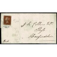 1d red "HB" on entire to Herefordshire. Light black Maltese Cross cancellation.
