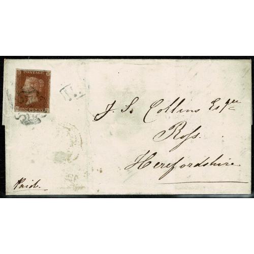 1d red "HB" on entire to Herefordshire. Light black Maltese Cross cancellation. SG 8-12