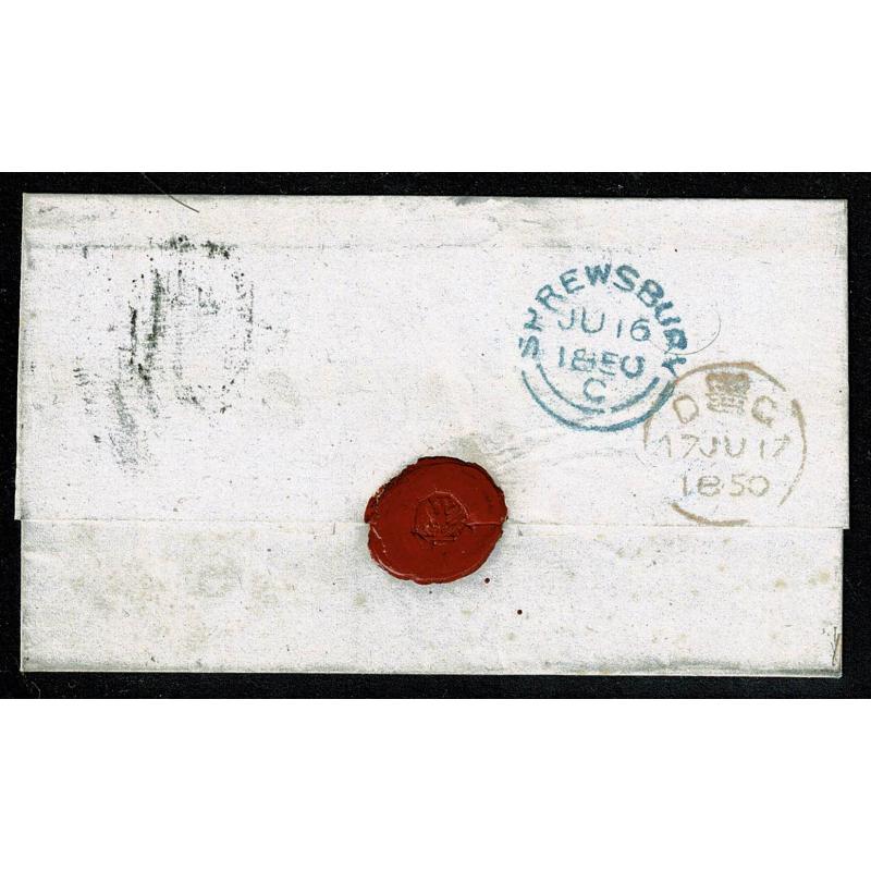 1d red "AD" on entire to London. Shrewsbury 708 horizontal  oval cancellation. SG 8-12