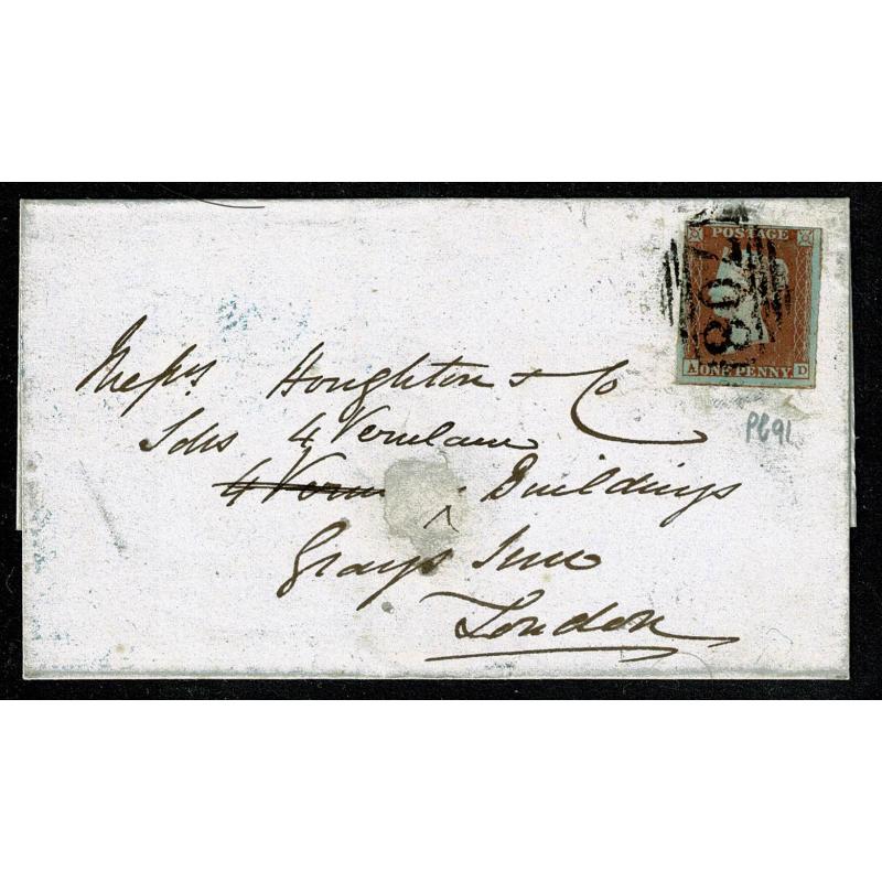 1d red "AD" on entire to London. Shrewsbury 708 horizontal  oval cancellation. SG 8-12
